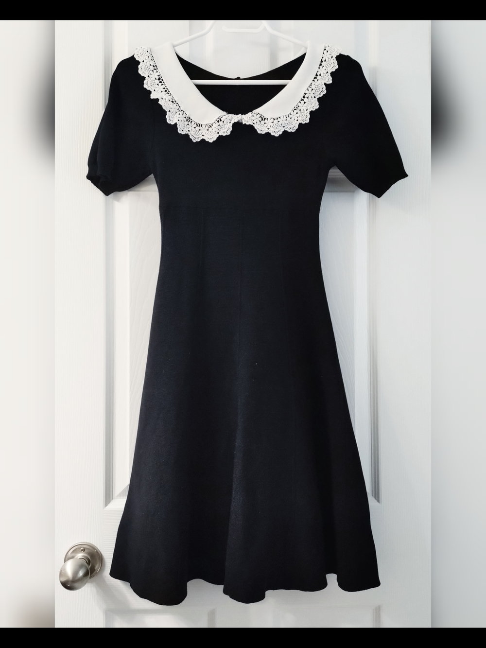 Black Fit-and-Flare Dress with White Lace Peter Pan Collar